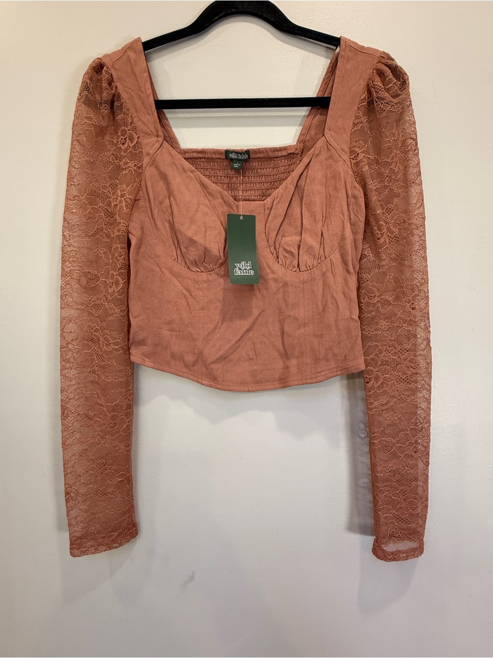 wild fable Lace-Sleeve Cropped Top in Dusty Rose